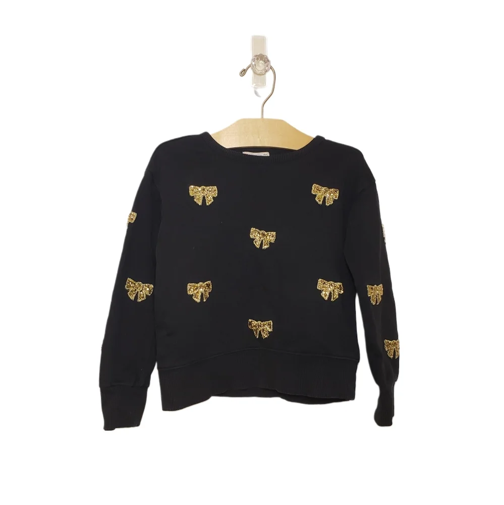 Crewcuts XS Girls Black Crewneck Sweatshirt with Sequin Bow Patches